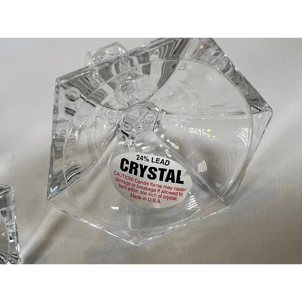 Vintage 24% Lead Crystal Hexagon Taper Candle Holders Set of 2 Made in USA 4in